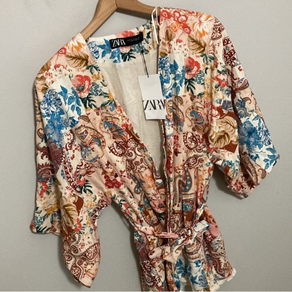 NWT New Zara Printed Kimono Multicolor Cream Floral Size M-L, Dress, Top, Robe - Picture 11 of 13